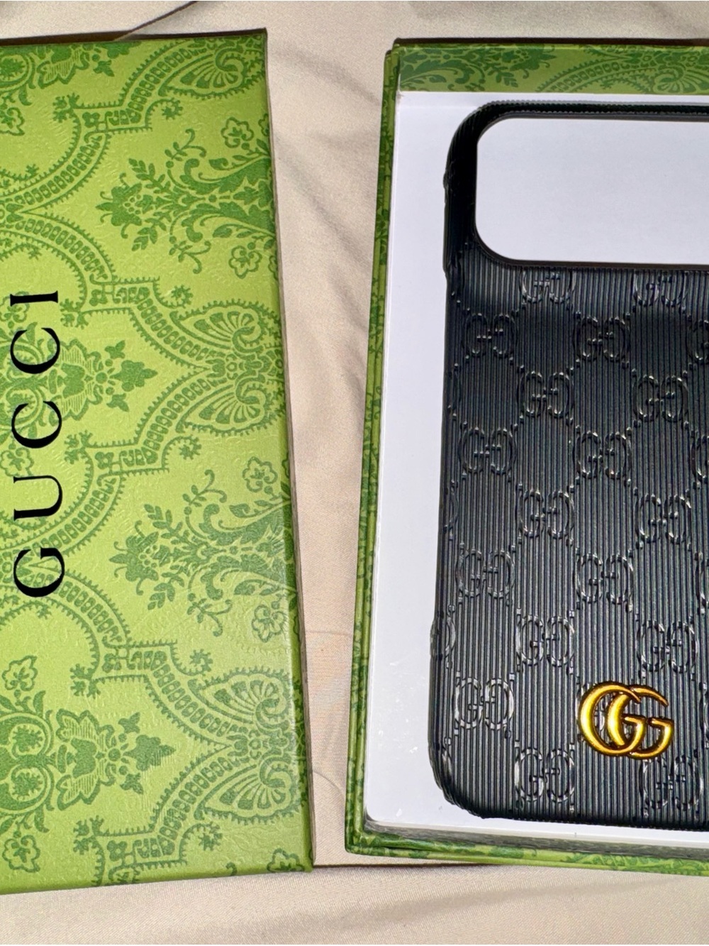 Gucci Black Embossed GG Leather Phone Case with Gold Double G
